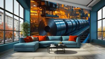 The cold rolling mill shows steel coils being unrolled and passed through a series of rollers at room temperature Wall mural