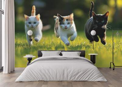 Three cats are running through a field of grass Wall mural