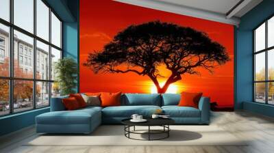 Views of African trees with sunset, silhouette trees with sunset Wall mural