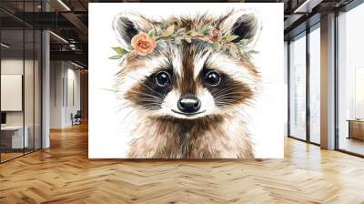 Raccoon with Flower Crown Watercolor Illustration. Wall mural