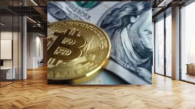 Bitcoin on 100 dollar bill background. Bitcoin vs Dollar. Wall mural