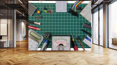 diy electrical maker tools components on green cutting mat board. diy electrical maker tools with co Wall mural