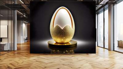 One big beautiful luxury golden easter egg on dark backgroud. Easter day concept. (Generative AI) Wall mural