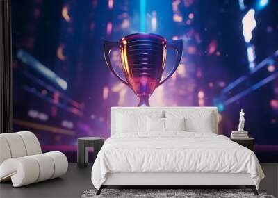 Winner trophy on a stage at studio illuminated by neon lights for E-Sport or Metaverse. Wall mural