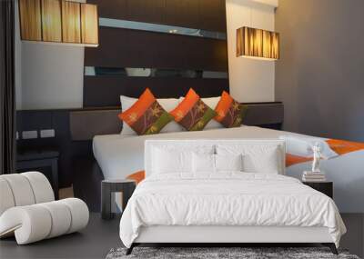 Hotel room with bed and wooden Wall mural