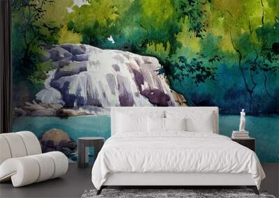 Watercolor hand drawn waterfall in the cave landscape illustration Premium Vector Wall mural