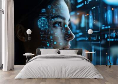 Woman s Face with Futuristic Digital Interface and Blue Lights Wall mural