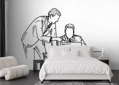 Amazing sketch, Two co workers who are busy discussing in front of their laptop during breaks. vector draw graphic design illustration sketch Wall mural