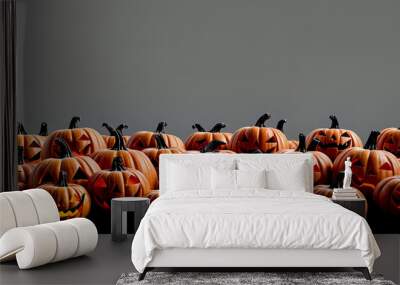 Set of Jack O'Lanterns displayed in a pile, isolated on a white background, PNG file. Multiple designs for artwork mockup. Wall mural