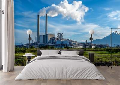 Industrial Complex with Smoke Stack and Blue Sky Wall mural