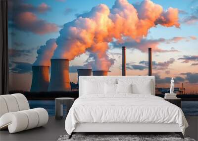 Industrial Power Plant at Sunset with Smoke Stack Emissions Wall mural