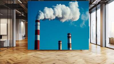 Industrial Smoke Plumes from Tall Chimneys Against a Blue Sky Wall mural