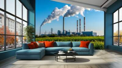 Industrial Smokestacks and Blue Sky Wall mural