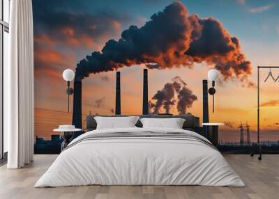 Industrial Sunset: Power Plant Smoke and Orange Sky Wall mural