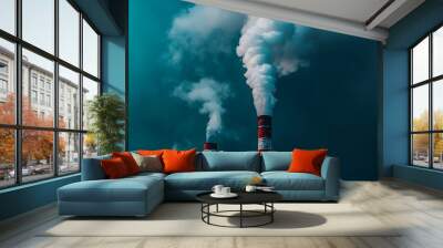 Smoke Plumes from Industrial Chimneys Against a Teal Sky Wall mural