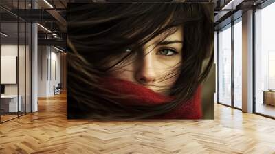 Woman with Red Scarf Portrait Illustration Wall mural