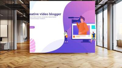 creative vlog content vector illustration concept, people recording content video for their channel, video marketing, can use for, landing page, template, ui, web, mobile app, poster, banner, flyer Wall mural