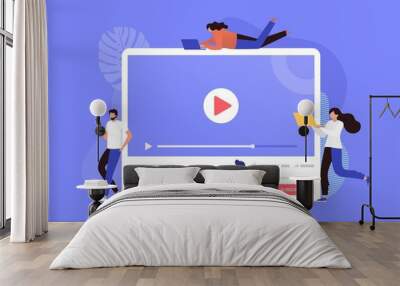 happy man and woman watching live streaming with phone and laptop vector illustration, online streaming platform, can use for, landing page, template, ui, web, homepage, poster, banner, flyer Wall mural