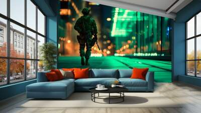 A cinematic shot of an armed soldier walking along a city street at night Wall mural