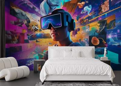 A man wearing VR headset user, surreal world and virtual reality, AI artificial intelligence man wearing VR glasses virtual global world internet connection and new experience in the future metaverse Wall mural