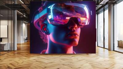 A man wearing VR headset user, surreal world and virtual reality, AI artificial intelligence man wearing VR glasses virtual global world internet connection and new experience in the future metaverse Wall mural