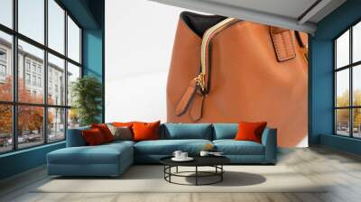 brown leather bag detail of zipper Wall mural