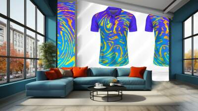 Vector sport pattern design template for Polo T-shirt front and back view mockup. Purple-blue-yellow-orange color gradient abstract grunge texture background illustration. Wall mural