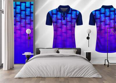 Vector sport pattern design template for Polo T-shirt front and back with short sleeve view mockup. Dark and light shades of blue-purple-pink color gradient abstract geometric texture background. Wall mural