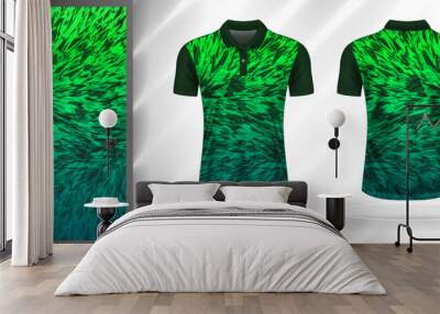 Vector sport pattern design template for Polo T-shirt front and back with short sleeve view mockup. Dark and light shades of green color gradient abstract texture background illustration. Wall mural