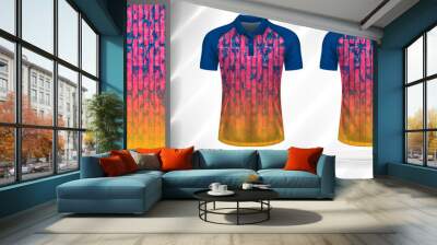 Vector sport pattern design template for Polo T-shirt front and back with short sleeve view mockup. Pink-blue-yellow color gradient abstract grunge brick wall texture background illustration. Wall mural