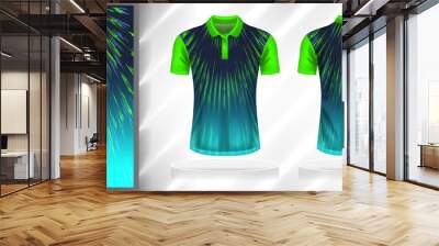 Vector sport pattern design template for Polo T-shirt front and back with short sleeve view mockup. Shades of green-blue color gradient abstract line texture background illustration. Wall mural