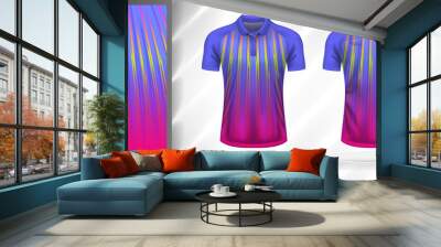 Vector sport pattern design template for Polo T-shirt front and back with short sleeve view mockup. Shades of purple-pink-yellow color gradient abstract line texture background illustration. Wall mural