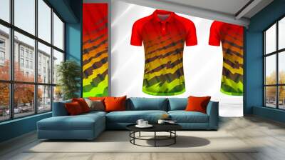 Vector sport pattern design template for Polo T-shirt front and back with short sleeve view mockup. Shades of red-orange-yellow-green-grey color gradient abstract line texture background illustration. Wall mural