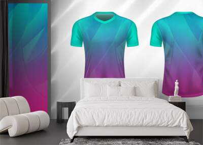 Vector sport pattern design template for T-shirt front and back view mockup. Blue-green-pink color gradient curve line texture background illustration. Wall mural