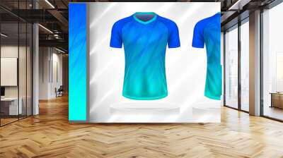 Vector sport pattern design template for T-shirt front and back view mockup. Shades of blue-sky color gradient geometric oblique line texture background illustration. Wall mural