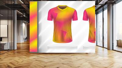 Vector sport pattern design template for T-shirt front and back view mockup. Yellow-pink color gradient zigzag line texture background illustration. Wall mural