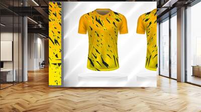 Vector sport pattern design template for V-neck T-shirt front and back with short sleeve view mockup. Black-grey-yellow-orange color gradient abstract texture background illustration. Wall mural