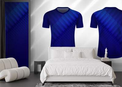 Vector sport pattern design template for V-neck T-shirt front and back with short sleeve view mockup. Dark and light shades of blue color geometric square line texture background illustration. Wall mural