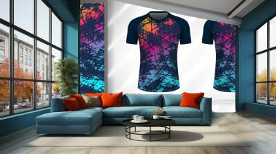 Vector sport pattern design template for V-neck T-shirt front and back with short sleeve view mockup. Dark and light shades of blue with pink-yellow color gradient abstract grunge texture background. Wall mural