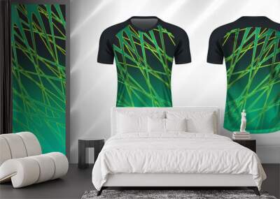 Vector sport pattern design template for V-neck T-shirt front and back with short sleeve view mockup. Dark and light shades of green with yellow-black-grey gradient abstract line texture background. Wall mural