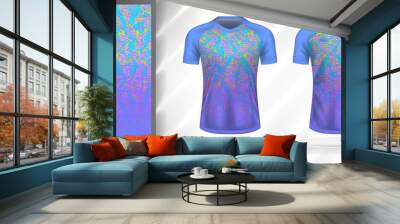 Vector sport pattern design template for V-neck T-shirt front and back with short sleeve view mockup. Pastel-blue-purple-pink-yellow color gradient abstract grunge texture background illustration. Wall mural