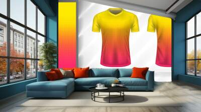 Vector sport pattern design template for V-neck T-shirt front and back with short sleeve view mockup. Pink-yellow color gradient geometric circle halftone texture background illustration. Wall mural