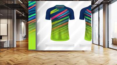 Vector sport pattern design template for V-neck T-shirt front and back with short sleeve view mockup. Shades of blue-green-pink color gradient abstract grunge line texture background. Wall mural