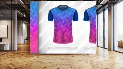 Vector sport pattern design template for V-neck T-shirt front and back with short sleeve view mockup. Shades of blue-pink color gradient geometric square line texture background illustration. Wall mural