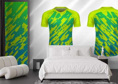 Vector sport pattern design template for V-neck T-shirt front and back with short sleeve view mockup. Shades of green-blue color gradient abstract grunge texture background illustration. Wall mural