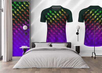 Vector sport pattern design template for V-neck T-shirt front and back with short sleeve view mockup. Shades of green-purple-pink-yellow color gradient abstract grunge texture background illustration. Wall mural