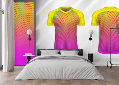 Vector sport pattern design template for V-neck T-shirt front and back with short sleeve view mockup. Shades of yellow-pink-blue color gradient abstract curve line texture background. Wall mural