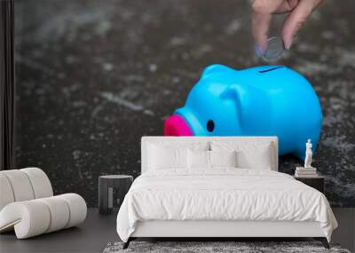 Save money concept with hand putting coin on the piggy bank Wall mural