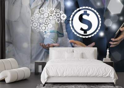 Business and Healthcare. Investments in the integration of information technology. Doctor offers brain gears sign, businessman represent dollar coin icon on virtual interface. Wall mural