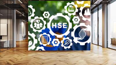 Concept of HSE Health Safety Environment. Industry and enterprises quality control norms and rules compliance. HSEQ system for safe development. Wall mural